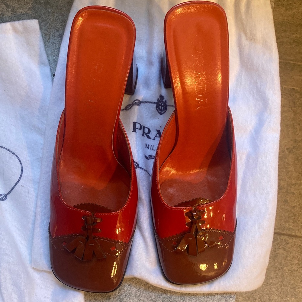 Prada Women's Red and Brown Patent Leather Mules - Picture 4 of 4